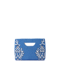 Blue clutch bag with white floral patterns on a white background