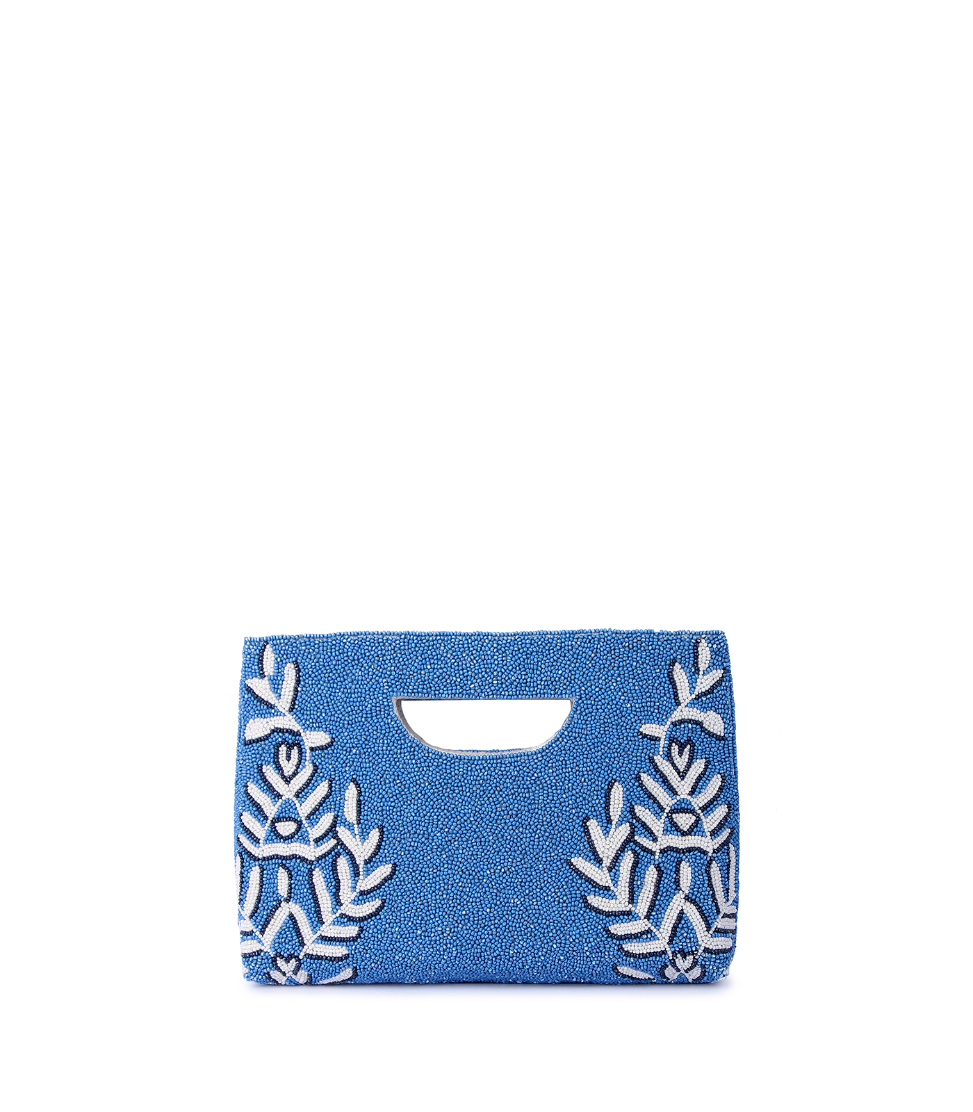 Blue clutch bag with white floral patterns on a white background
