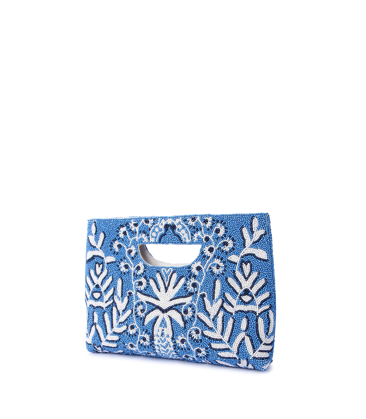 Blue clutch bag with white floral patterns on a white background