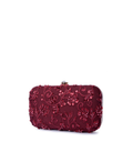 Maroon clutch bag with floral embroidery on a white background