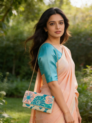 Garden Bloom Foldover Clutch – Beaded Turquoise