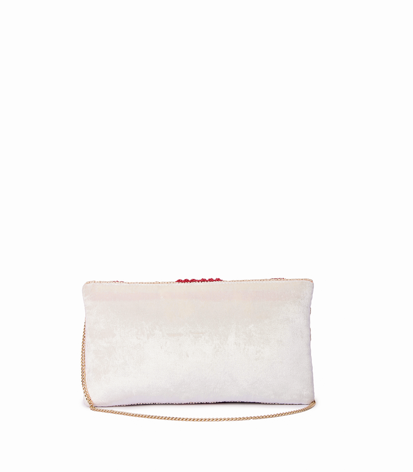 White clutch bag with a chain detail on a white background