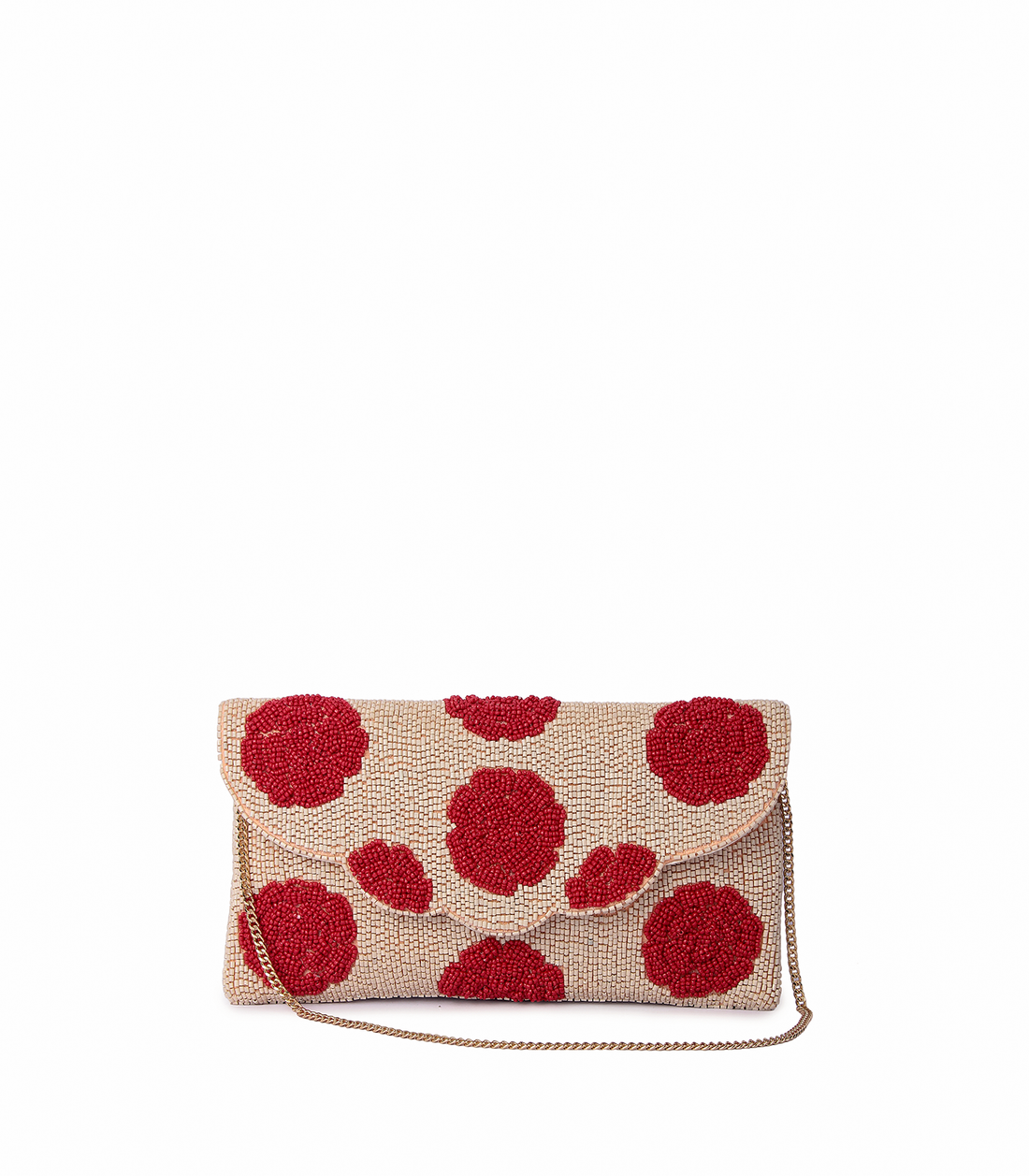 Clutch bag with red floral pattern on a beige background