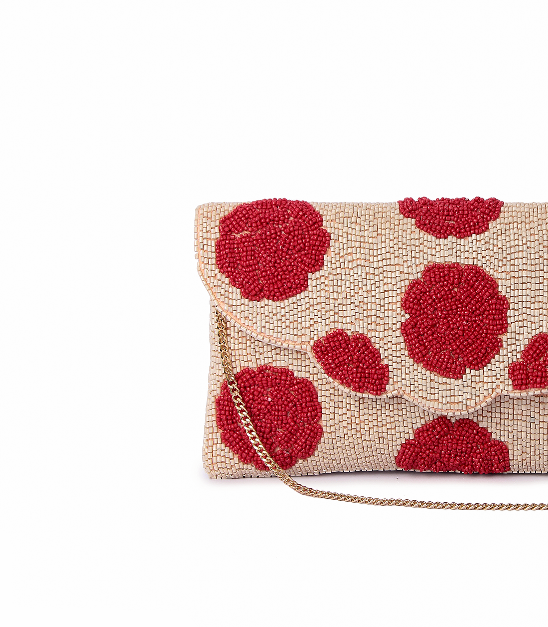 Clutch bag with red floral pattern on a beige background
