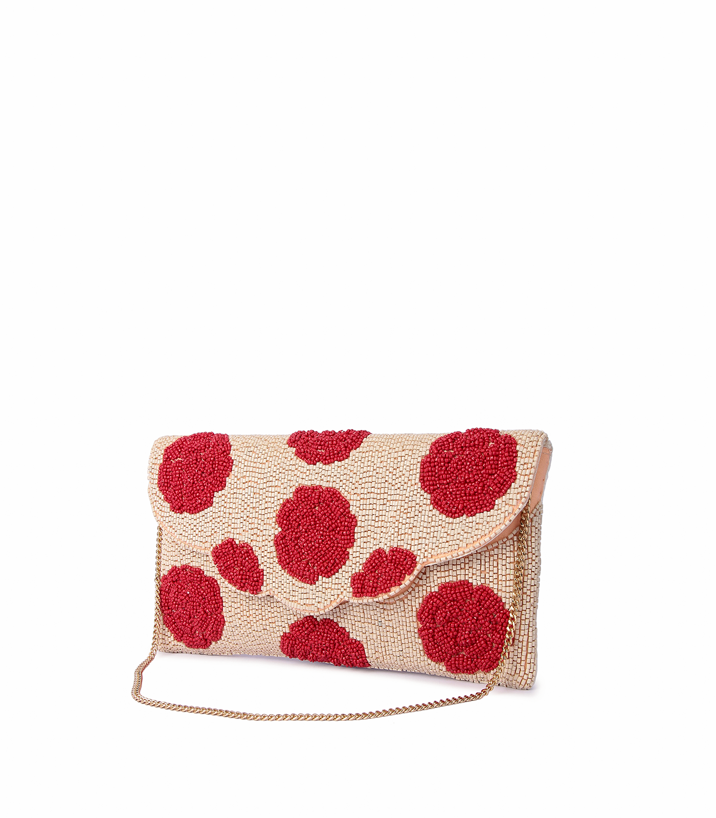 Beige clutch bag with red polka dots on a white background