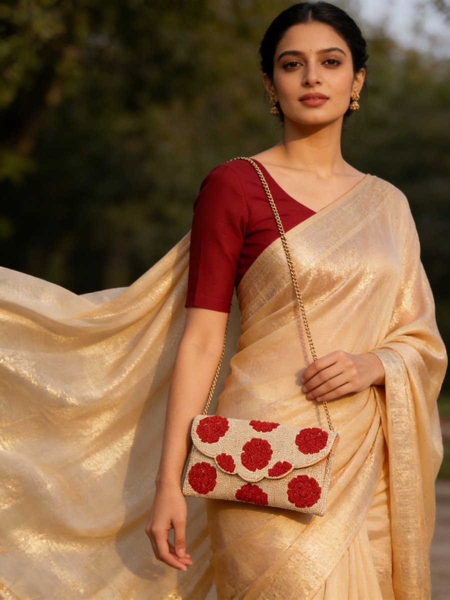Crimson Petal Envelope Clutch – Beaded Red & Beige | Maummi - Maummi
