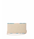 Woven clutch bag with a colorful pattern on a white background