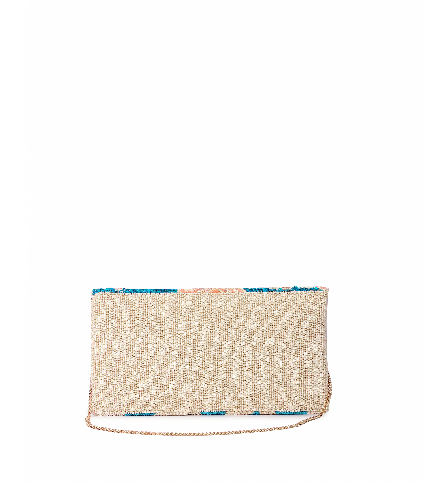 Woven clutch bag with a colorful pattern on a white background