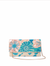 Floral patterned clutch bag with a chain strap on a white background