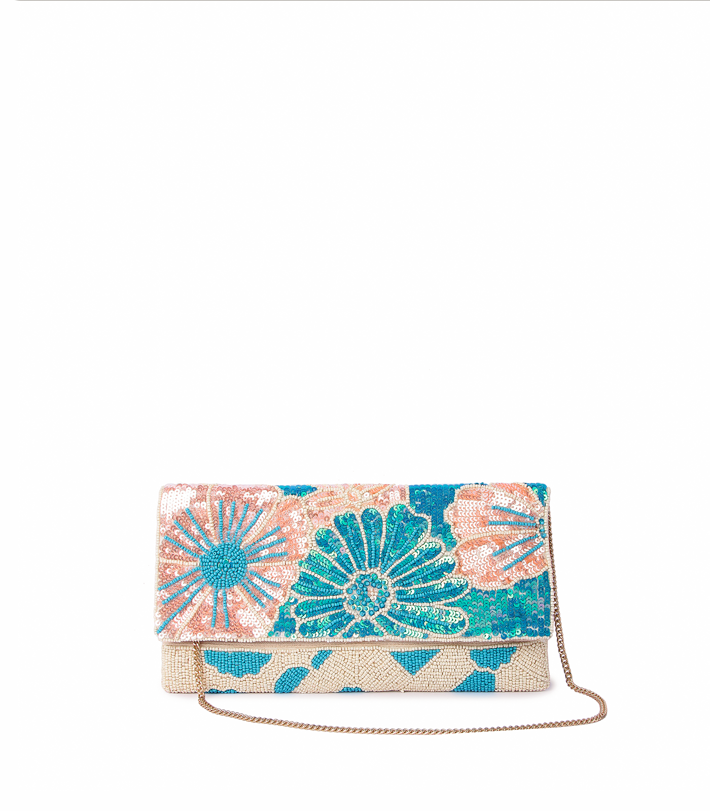 Floral patterned clutch bag with a chain strap on a white background