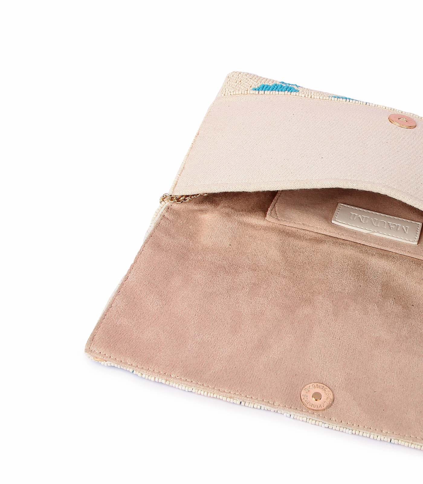 Beige clutch bag with a visible brand logo on a white background