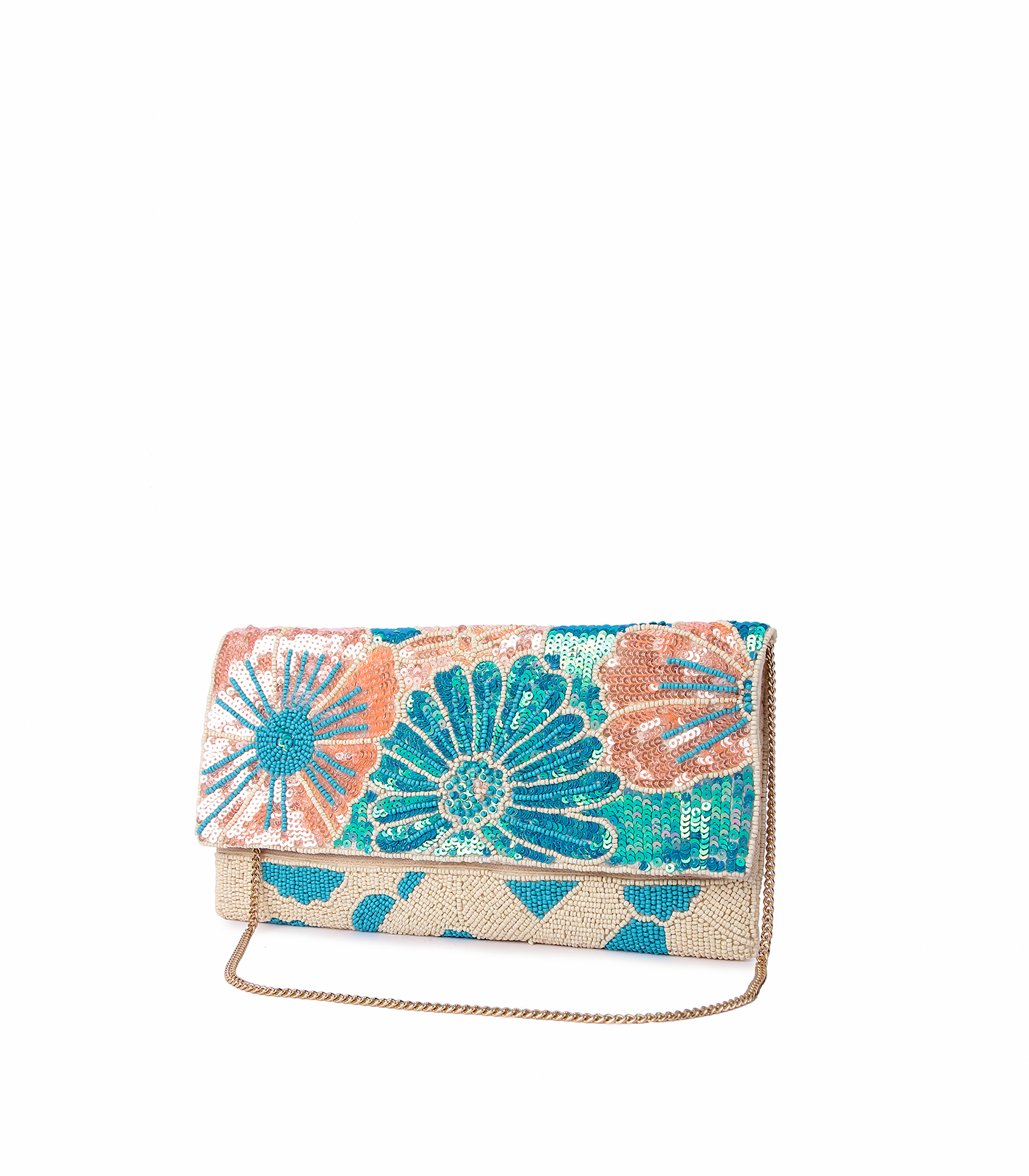 Floral patterned clutch bag on a white background