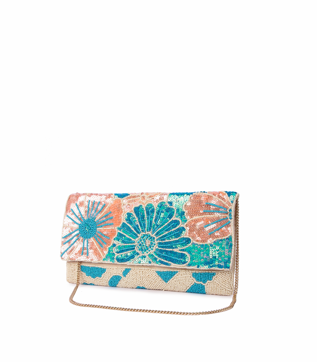Garden Bloom Foldover Clutch – Beaded Turquoise | Maummi - Maummi