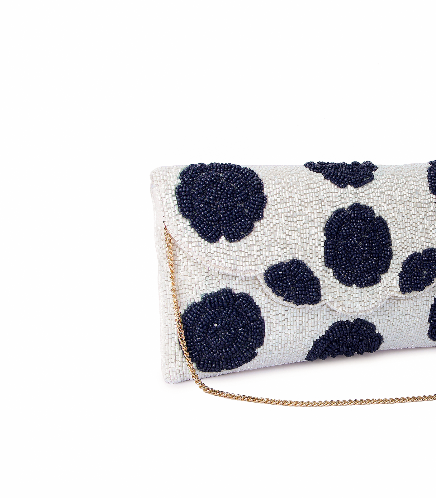 White clutch bag with navy blue polka dot pattern on a white background