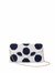 White clutch bag with black polka dots and a gold chain on a white background