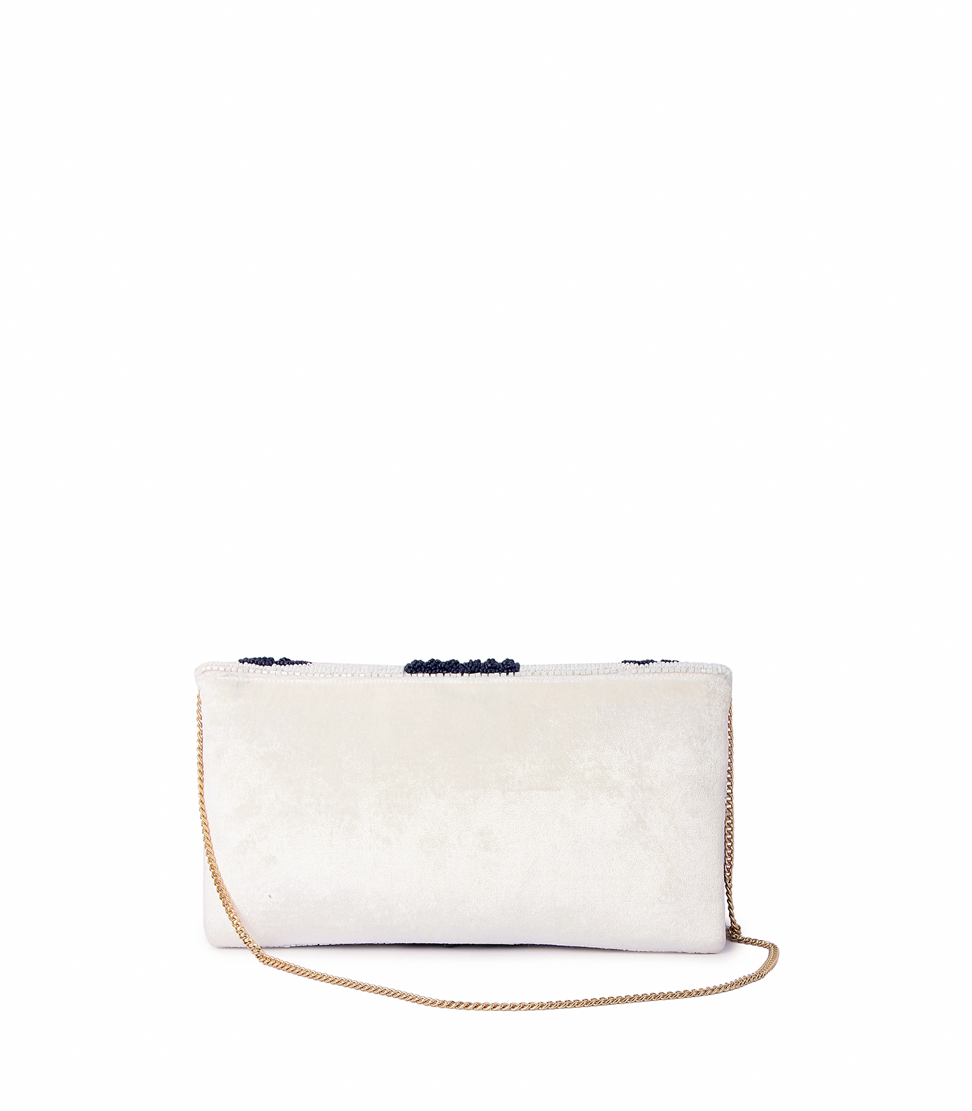 White clutch bag with black embellishments on a white background
