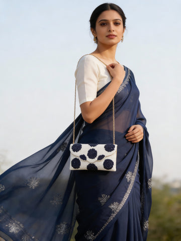 Indigo Petal Envelope Clutch – Beaded Blue