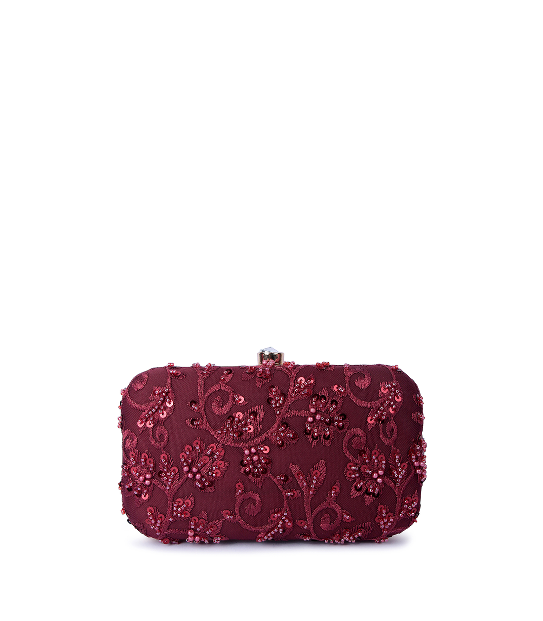 Red embroidered clutch bag on a white background