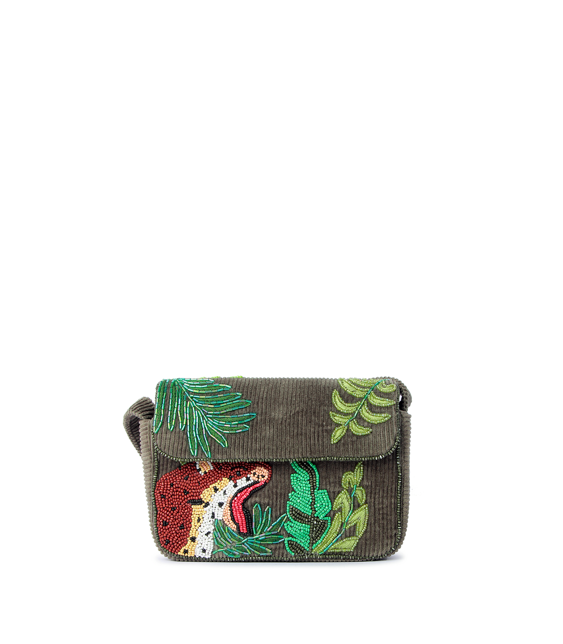 Small brown handbag with green leaf patterns on a white background