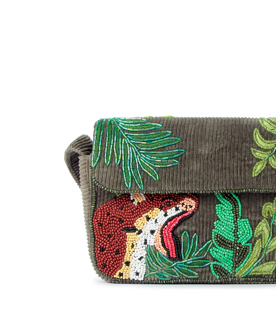 Small brown handbag with green leaf patterns on a white background