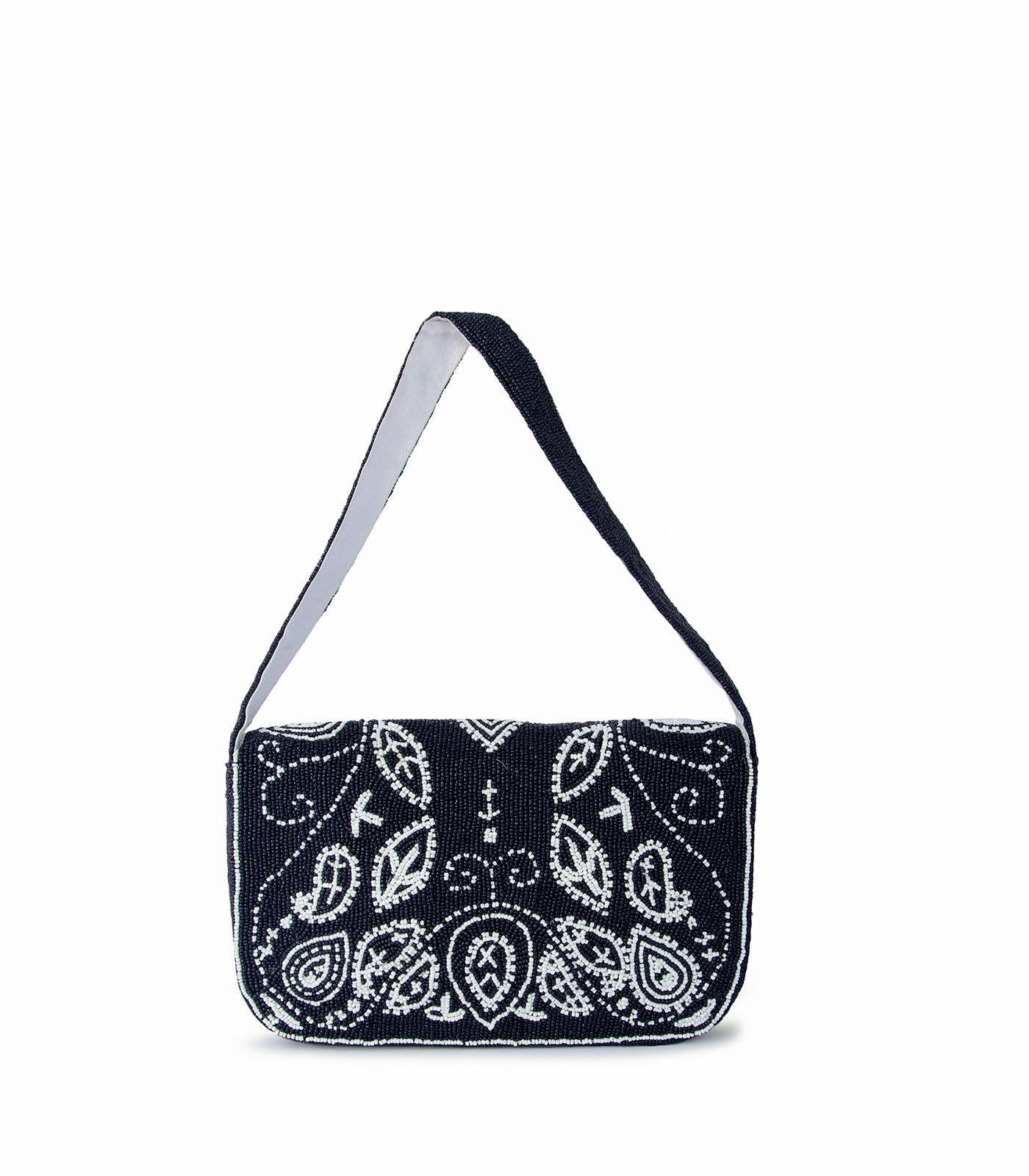 Black handbag with white paisley pattern on a white background