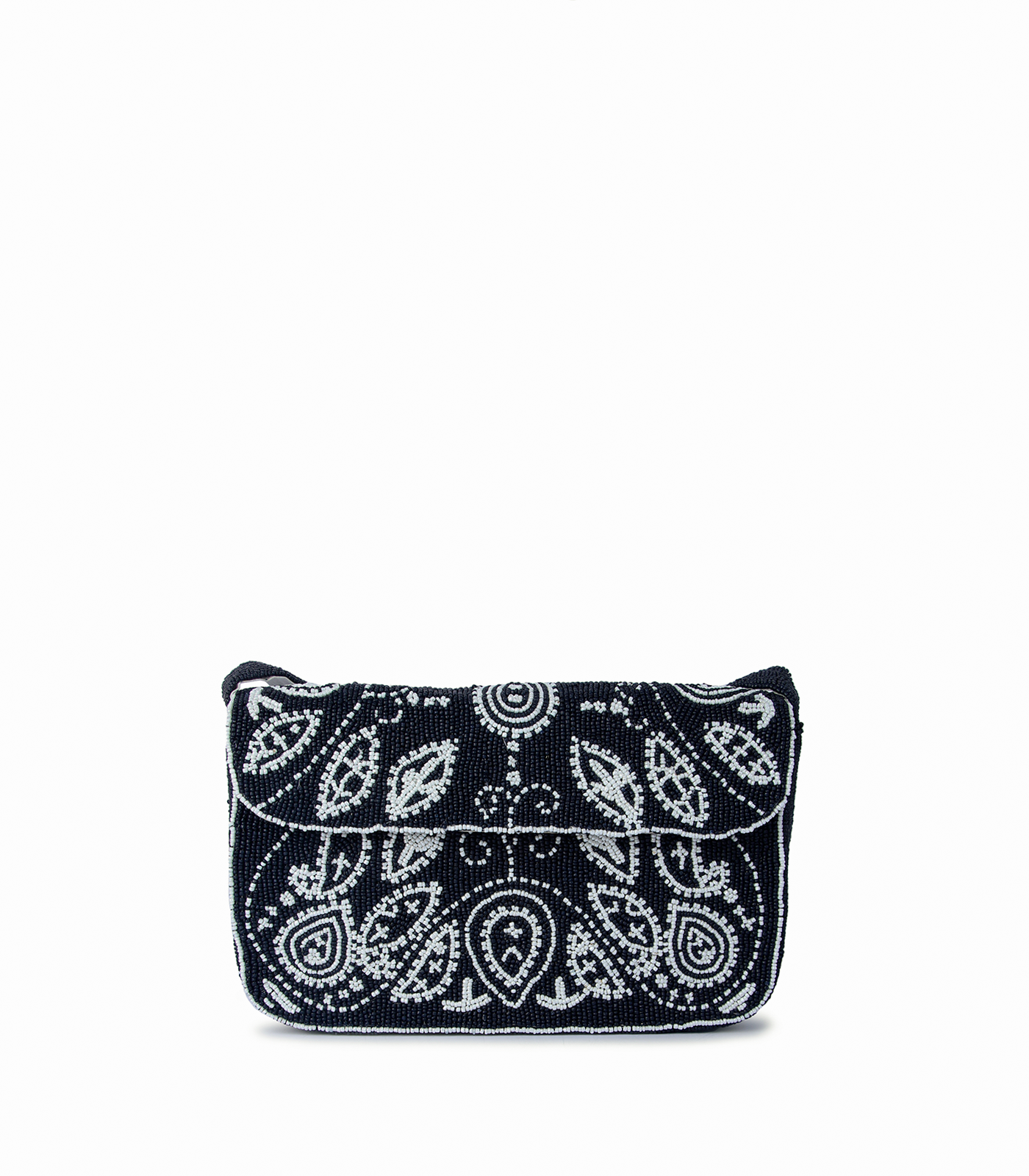 Black handbag with white paisley pattern on a white background