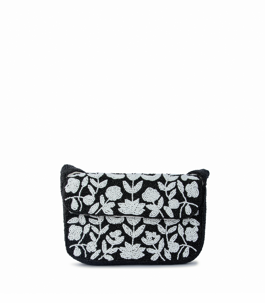 Black clutch with white floral pattern on a white background