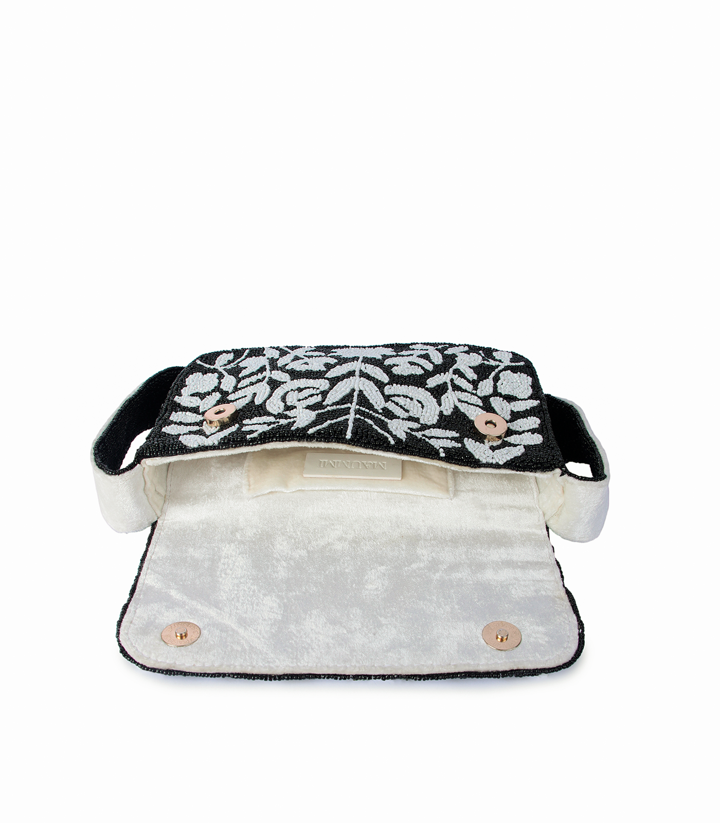 Floral embroidered clutch bag on a white background