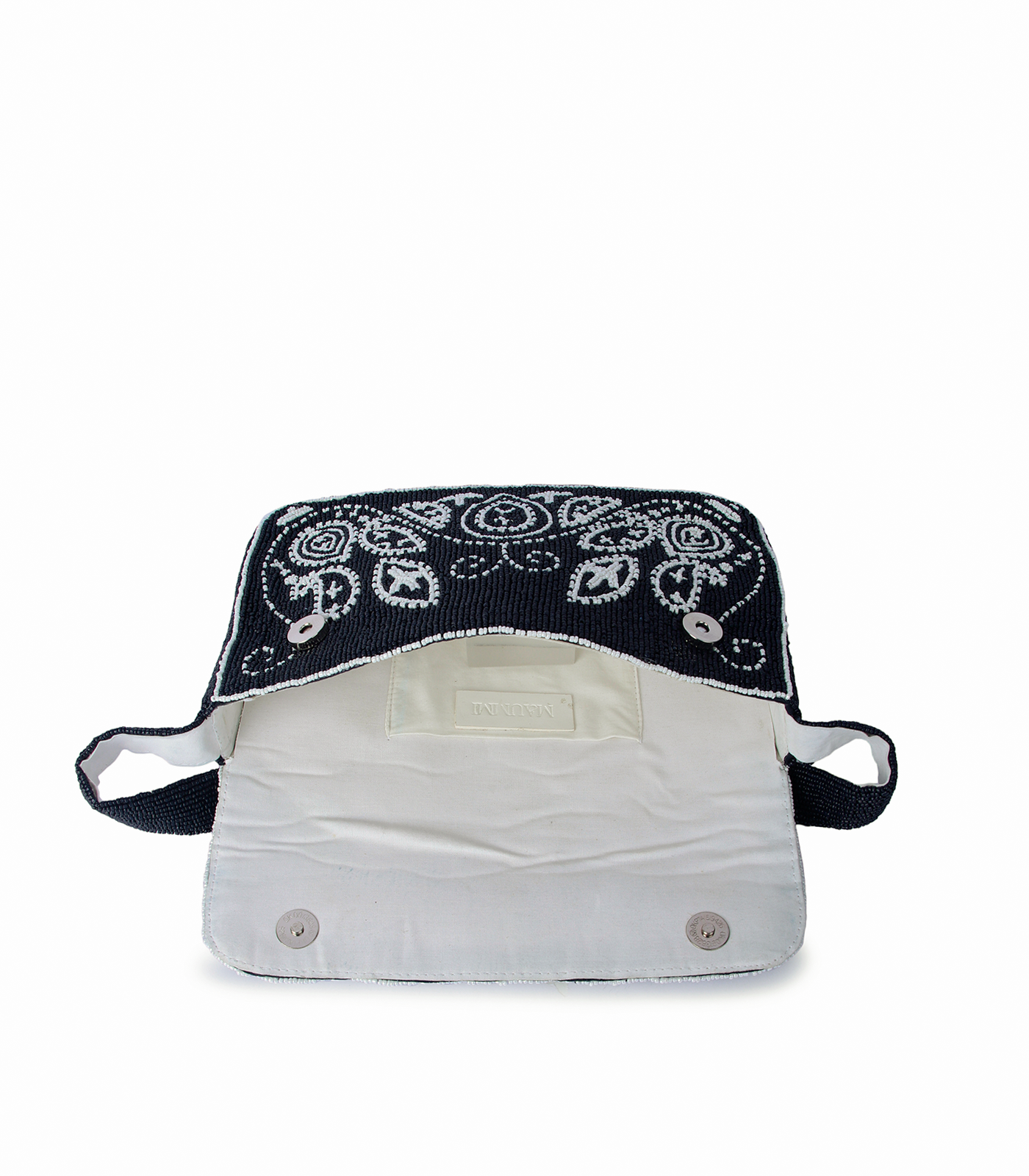 White bag with a black bandana-style pattern on a white background