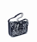 Navy blue handbag with white paisley pattern on a white background