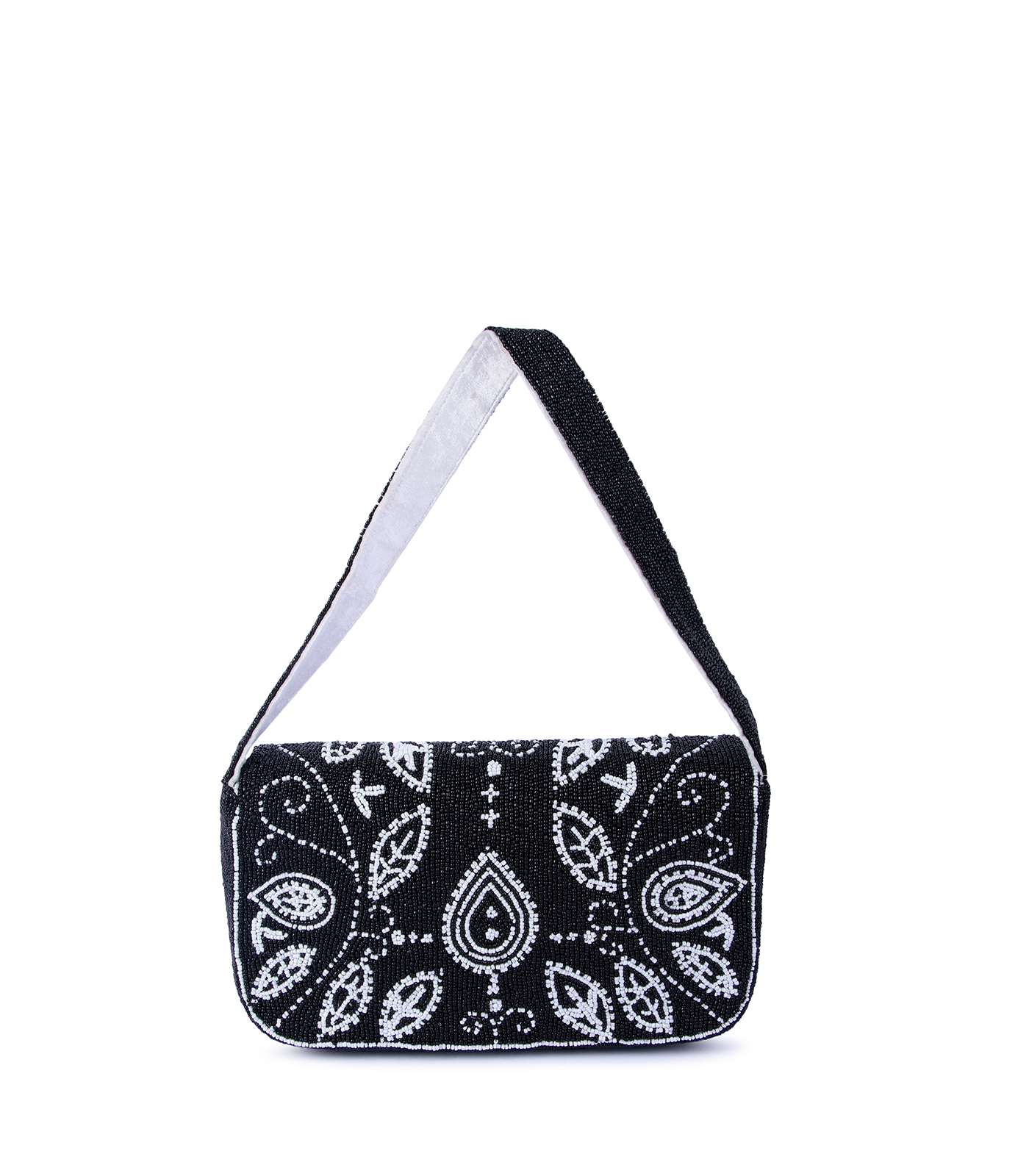 Black and white patterned bag with a strap on a white background