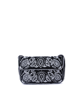 Black handbag with white paisley pattern on a white background