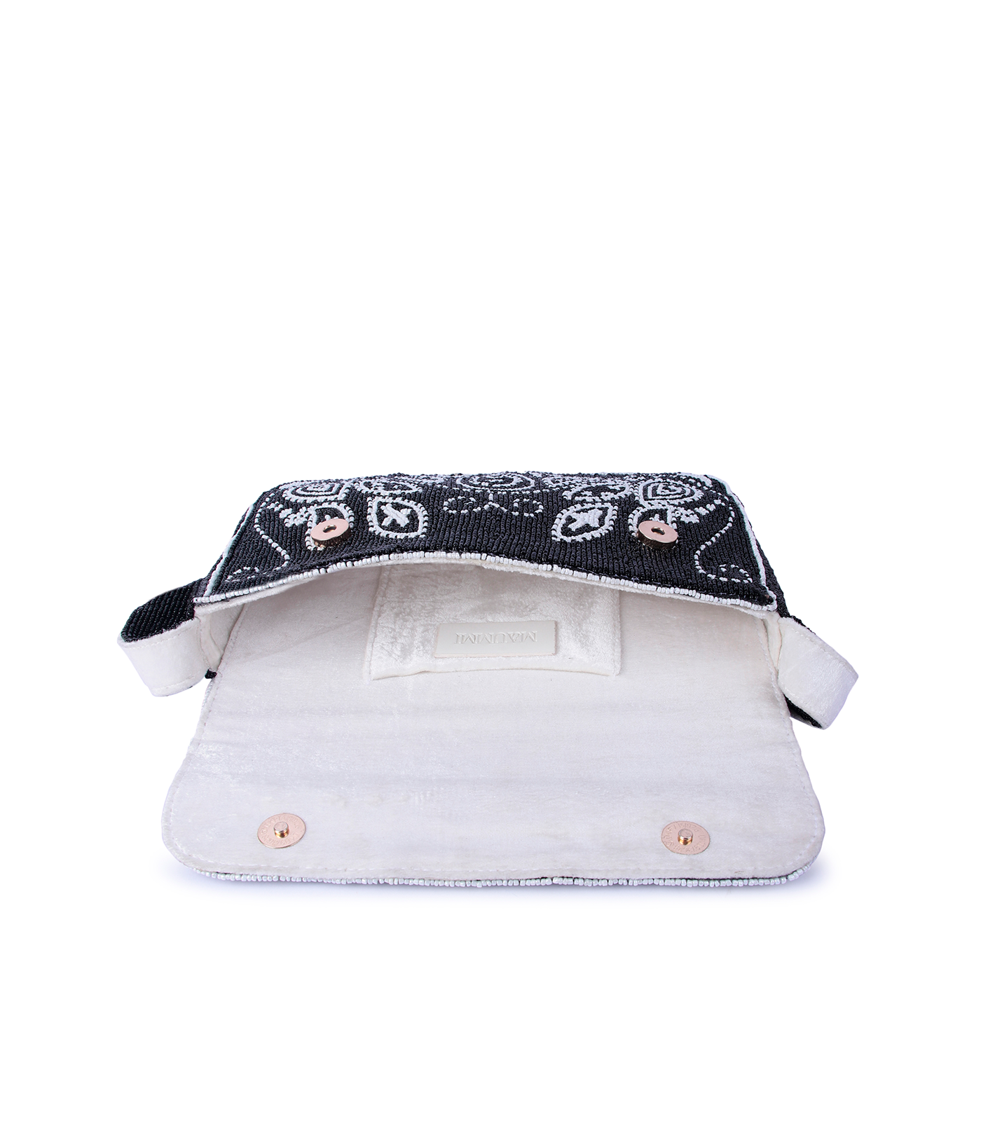 White shirt with black patterned collar on a white background