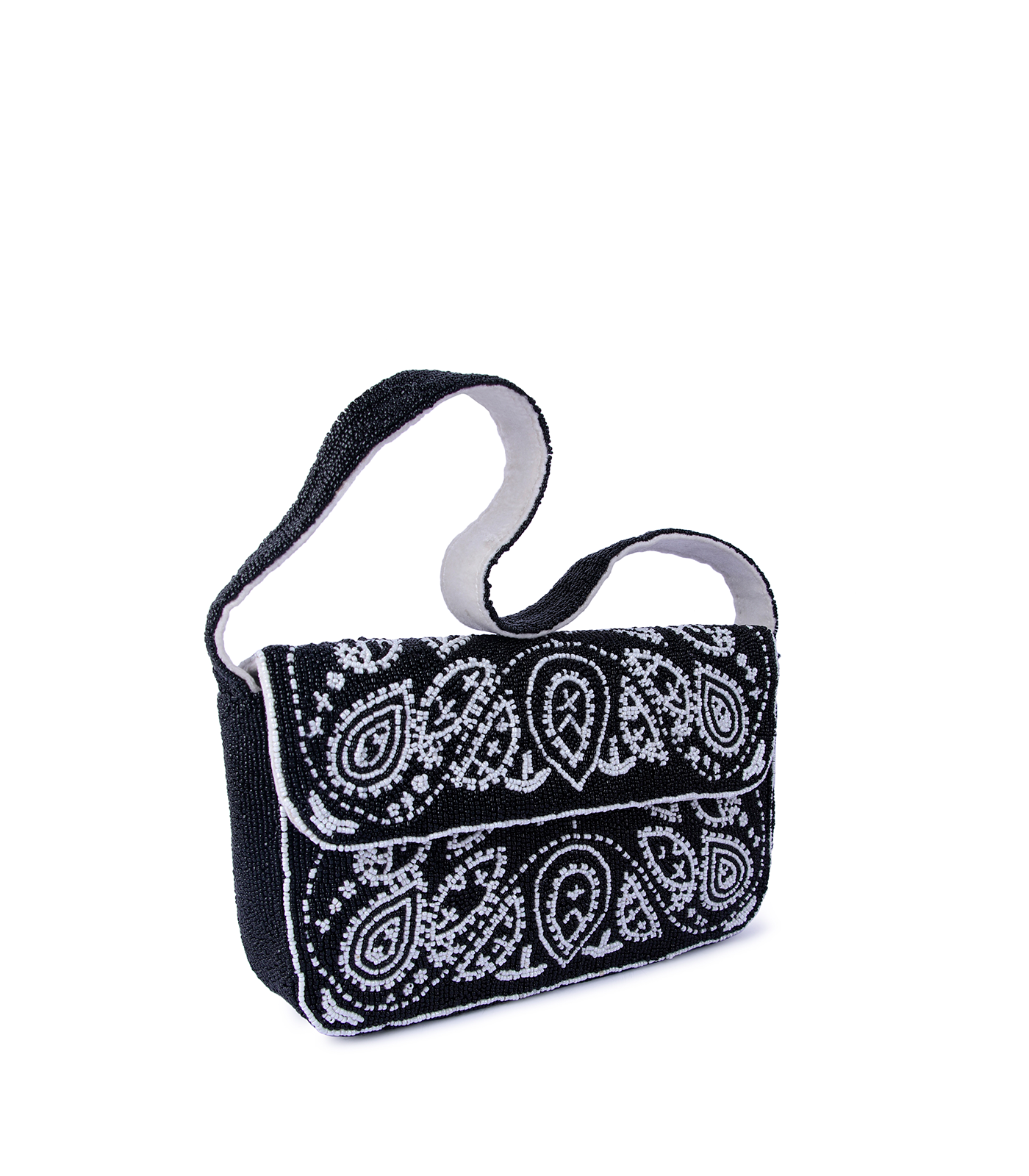 Black handbag with white paisley pattern on a white background