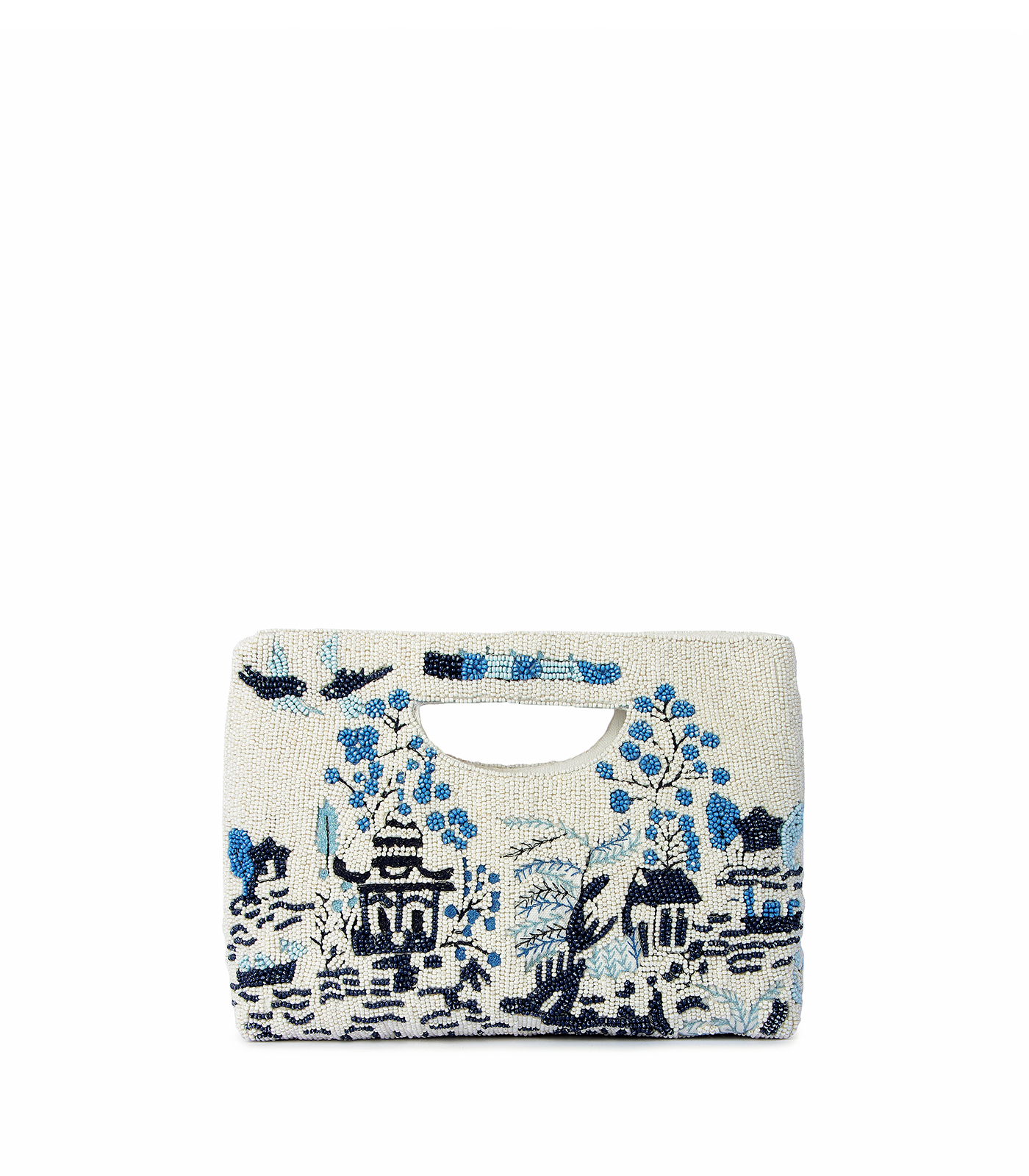 Handbag with blue floral and architectural design on a white background