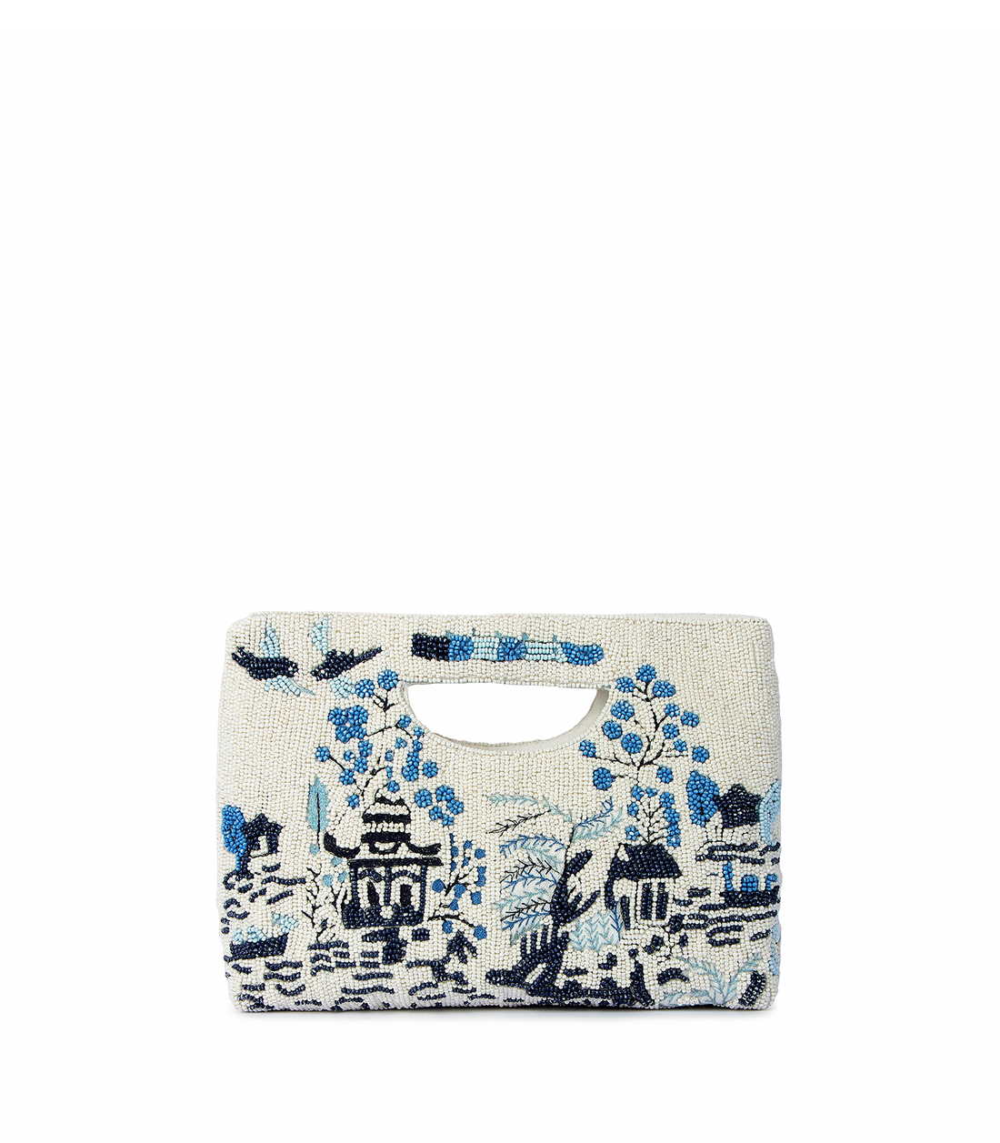 Handbag with blue floral and architectural design on a white background