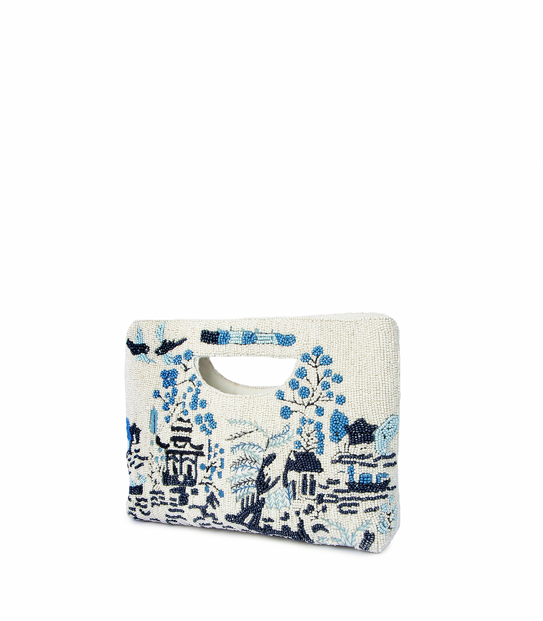 White clutch bag with blue floral embroidery on a white background