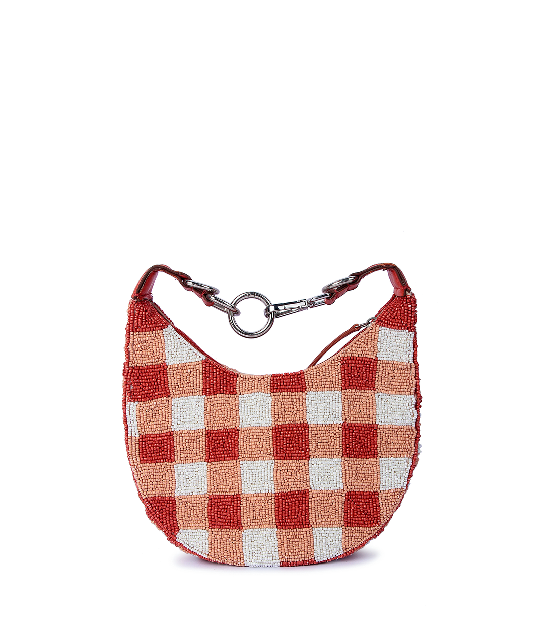 Checkered handbag with tassel details on a white background