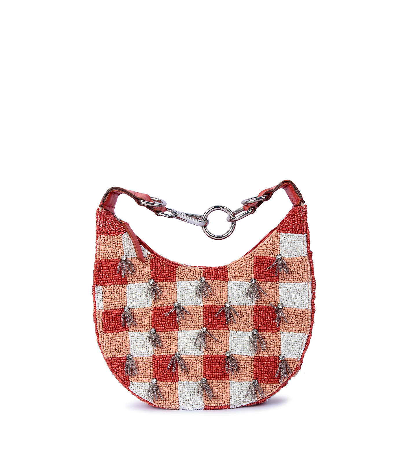 Checkered handbag with tassel details on a white background