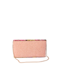 Pink beaded clutch bag with a colorful top flap on a white background