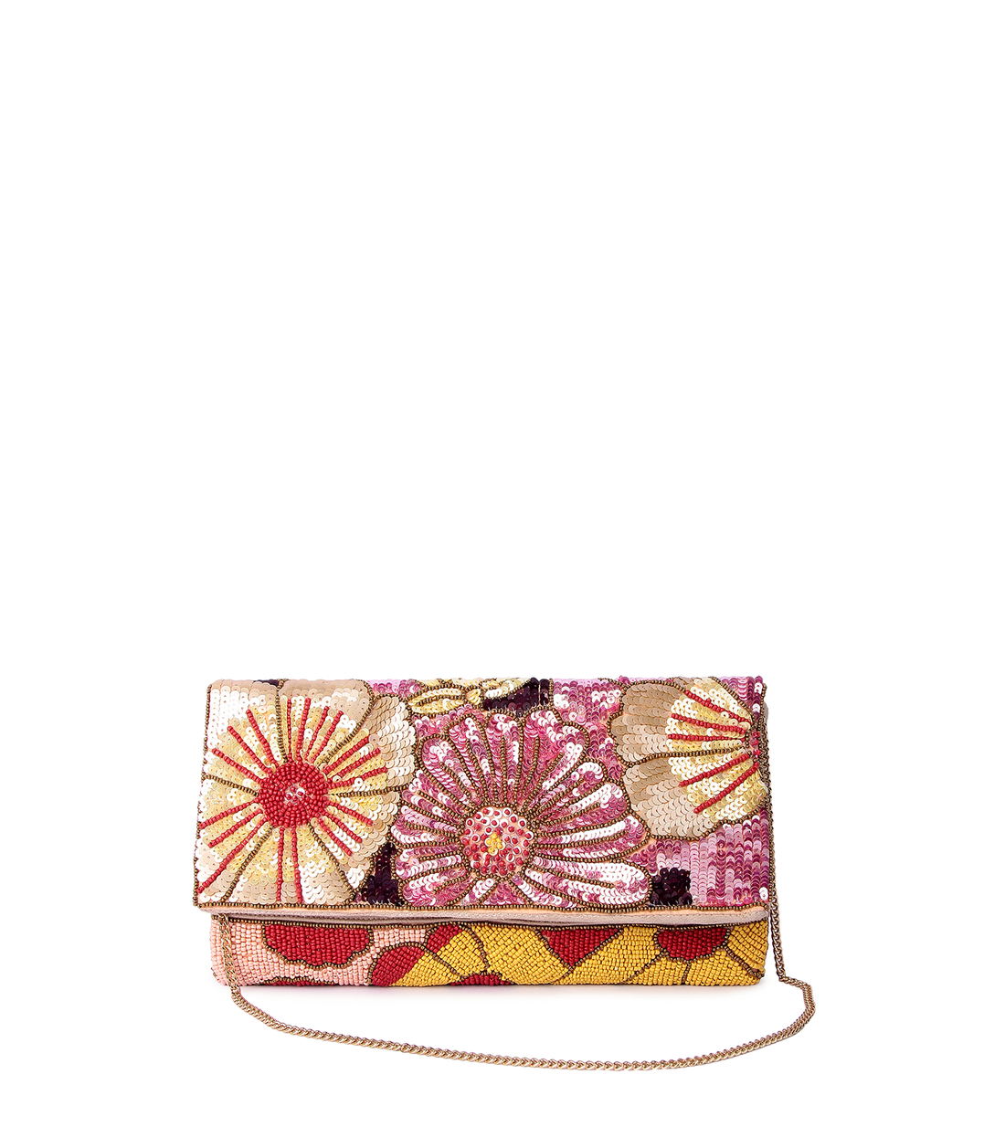 Colorful floral-patterned handbag on a white background
