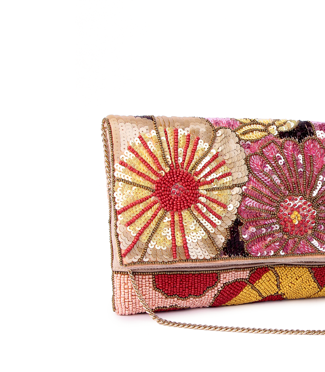 Colorful floral-patterned handbag on a white background