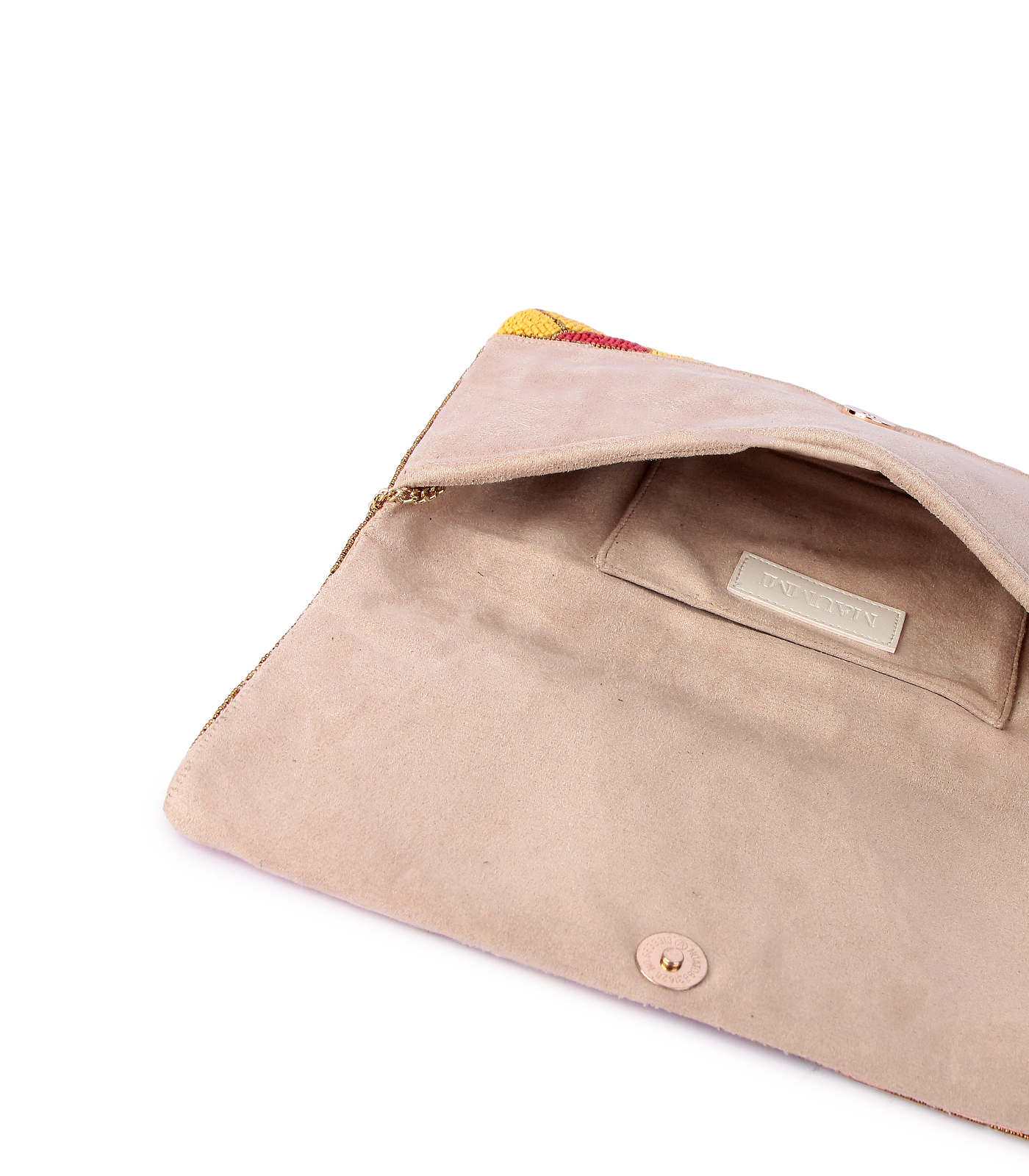 Beige clutch bag with colorful patch on a white background
