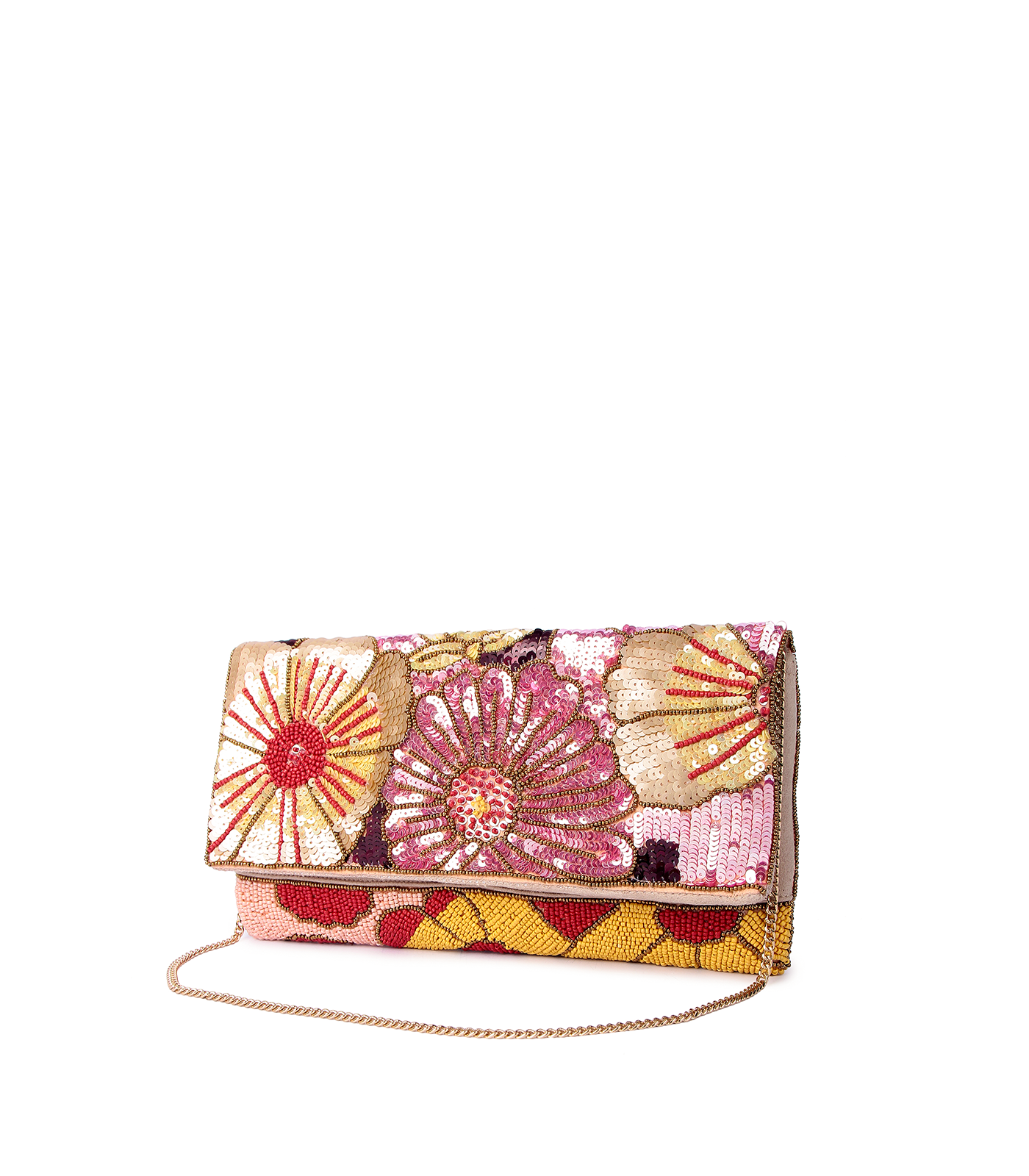 Colorful floral-patterned clutch bag with a chain strap on a white background