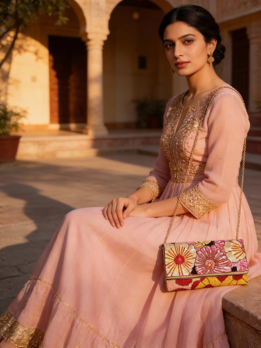 Sunset Bloom Foldover Clutch Beaded Blush, Gold & Ruby | Maummi - Maummi